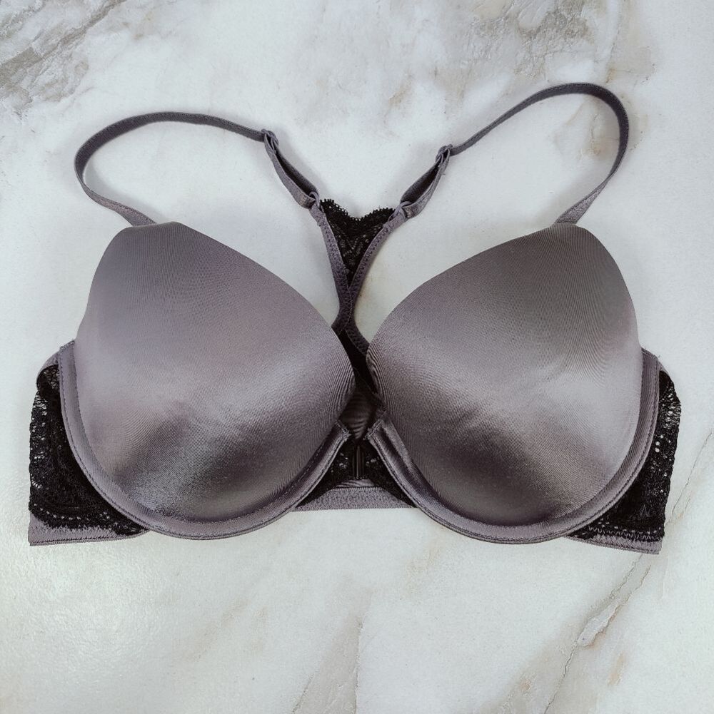 Maidenform Self Expressions Gray Black Lace T-Back Front Close Bra, Sz 34C